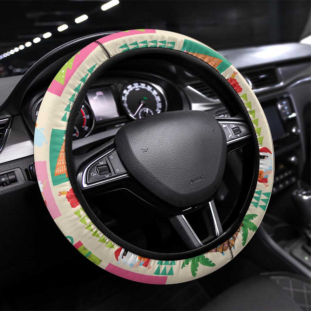 Mele Kalikimaka Hawaii Christmas Steering Wheel Cover Funny Santan Hippie Style LT9 Universal Fit Beige - Polynesian Pride