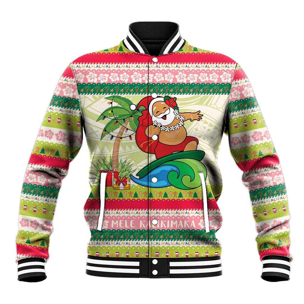 Mele Kalikimaka Hawaii Christmas Baseball Jacket Surfing Santa with Polynesian Tribal LT9 Unisex Green - Polynesian Pride