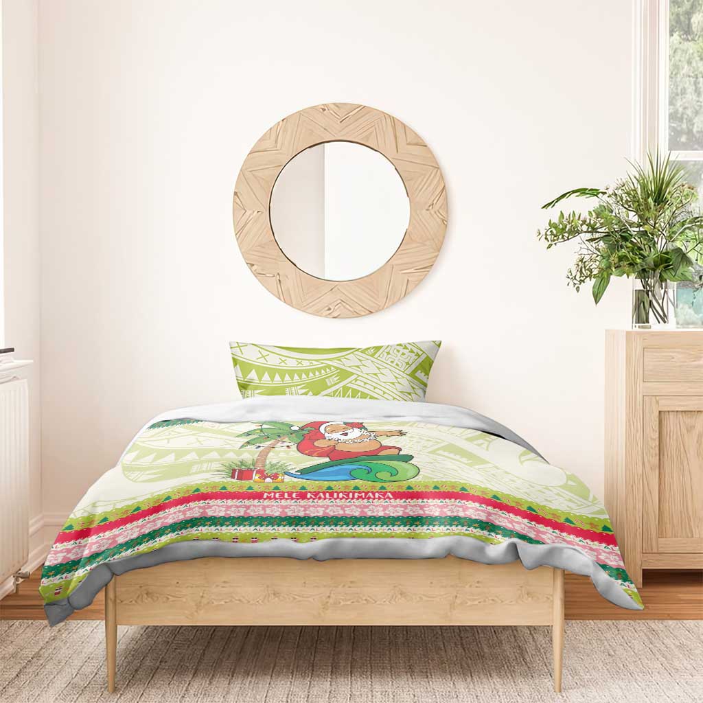 Mele Kalikimaka Hawaii Christmas Bedding Set Surfing Santa with Polynesian Tribal