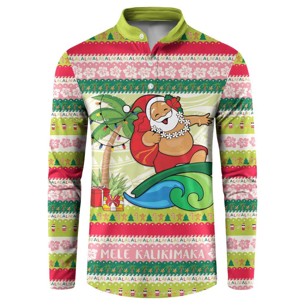 Mele Kalikimaka Hawaii Christmas Button Sweatshirt Surfing Santa with Polynesian Tribal