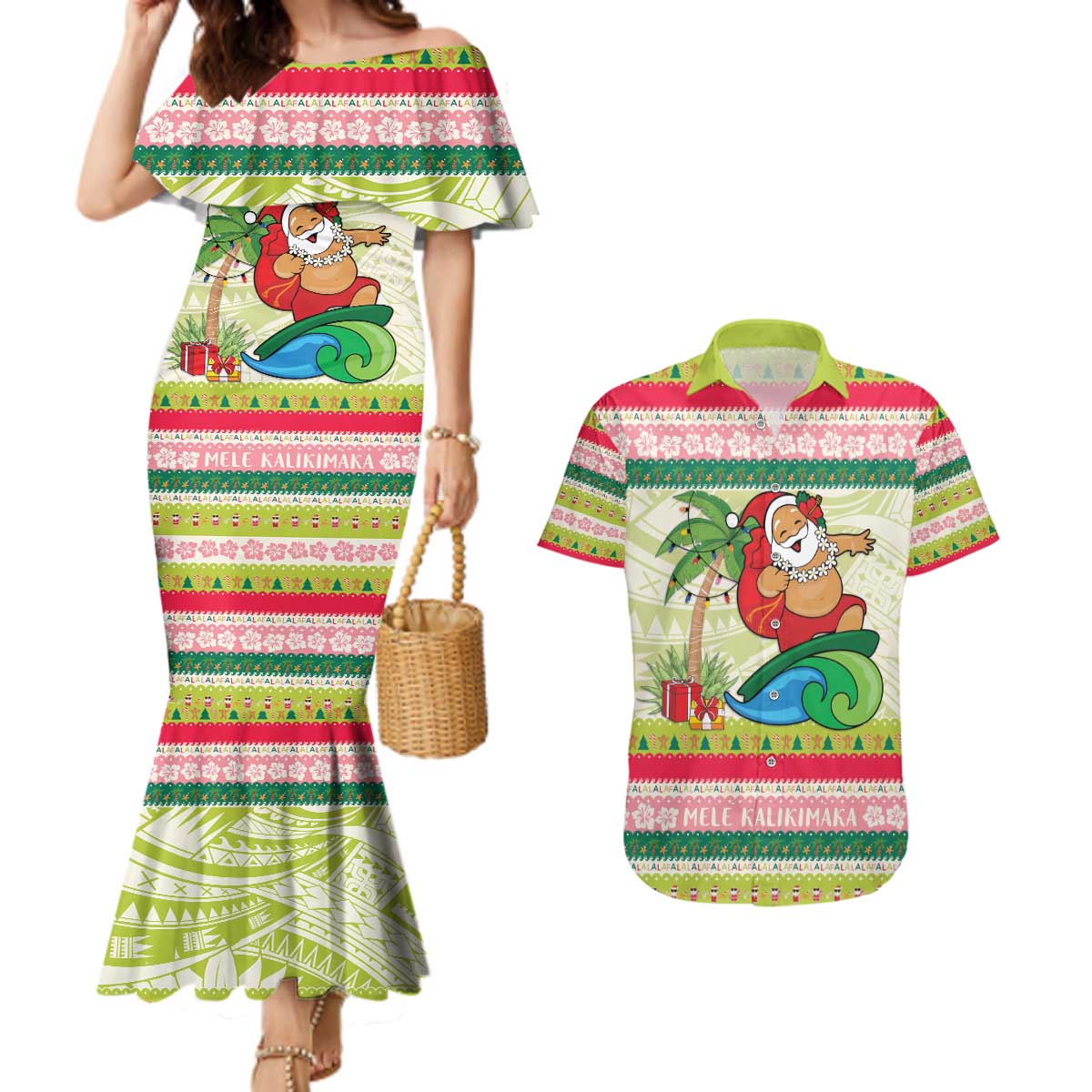 Mele Kalikimaka Hawaii Christmas Couples Matching Mermaid Dress and Hawaiian Shirt Surfing Santa with Polynesian Tribal