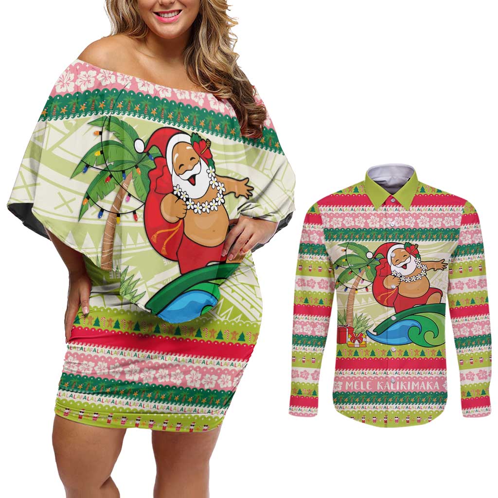 Mele Kalikimaka Hawaii Christmas Couples Matching Off Shoulder Short Dress and Long Sleeve Button Shirt Surfing Santa with Polynesian Tribal