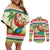 Mele Kalikimaka Hawaii Christmas Couples Matching Off Shoulder Short Dress and Long Sleeve Button Shirt Surfing Santa with Polynesian Tribal