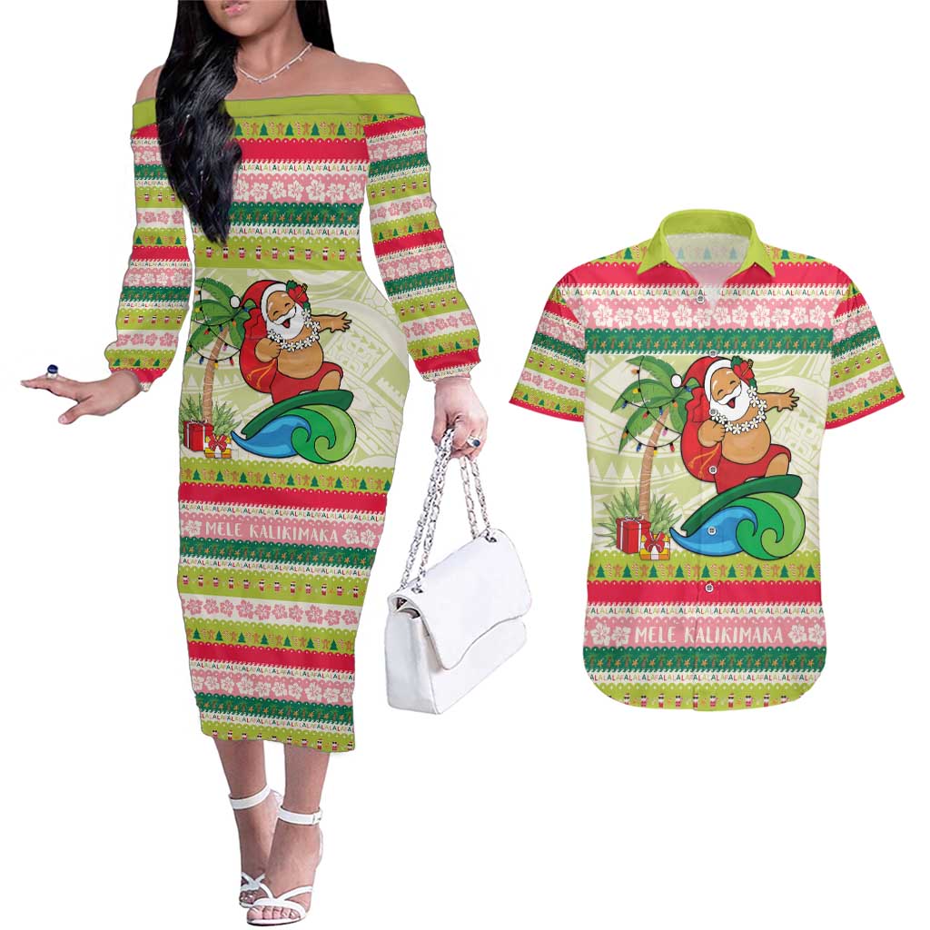 Mele Kalikimaka Hawaii Christmas Couples Matching Off The Shoulder Long Sleeve Dress and Hawaiian Shirt Surfing Santa with Polynesian Tribal