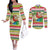 Mele Kalikimaka Hawaii Christmas Couples Matching Off The Shoulder Long Sleeve Dress and Long Sleeve Button Shirt Surfing Santa with Polynesian Tribal