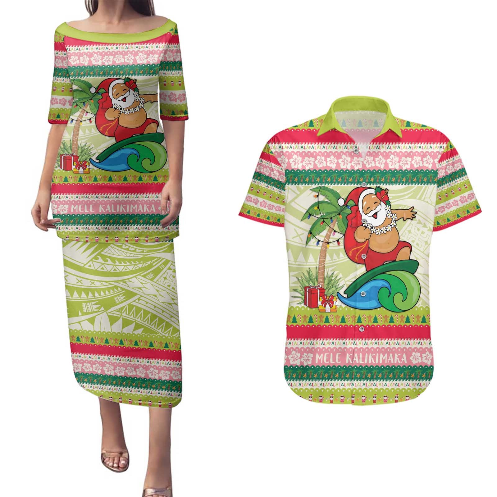 Mele Kalikimaka Hawaii Christmas Couples Matching Puletasi and Hawaiian Shirt Surfing Santa with Polynesian Tribal LT9 Green - Polynesian Pride