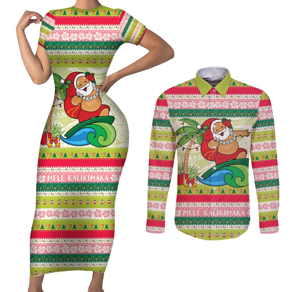 Mele Kalikimaka Hawaii Christmas Couples Matching Short Sleeve Bodycon Dress and Long Sleeve Button Shirt Surfing Santa with Polynesian Tribal