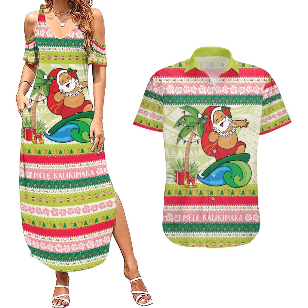 Mele Kalikimaka Hawaii Christmas Couples Matching Summer Maxi Dress and Hawaiian Shirt Surfing Santa with Polynesian Tribal