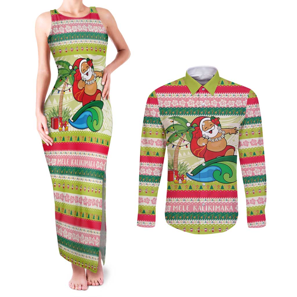 Mele Kalikimaka Hawaii Christmas Couples Matching Tank Maxi Dress and Long Sleeve Button Shirt Surfing Santa with Polynesian Tribal