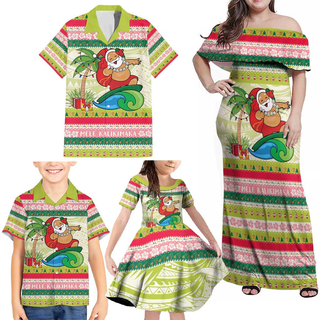 Mele Kalikimaka Hawaii Christmas Family Matching Off Shoulder Maxi Dress and Hawaiian Shirt Surfing Santa with Polynesian Tribal