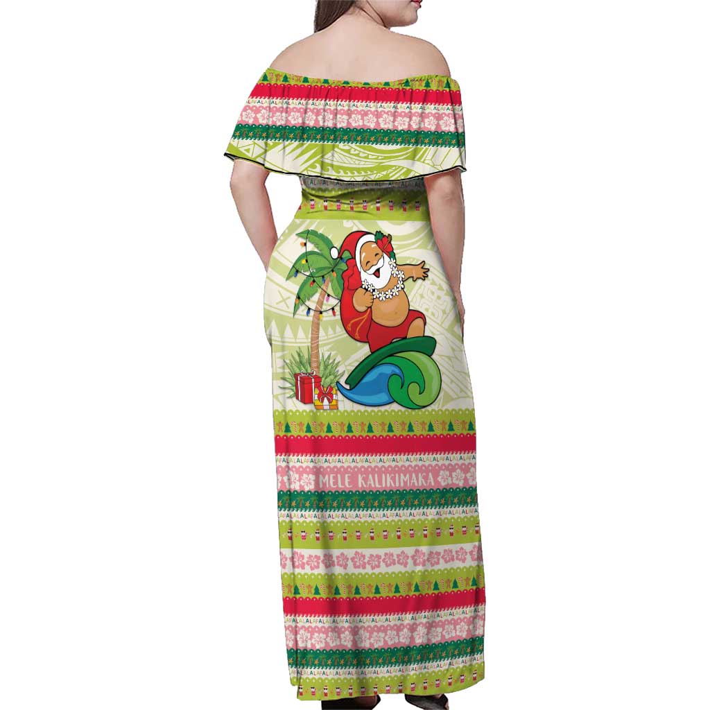Mele Kalikimaka Hawaii Christmas Family Matching Off Shoulder Maxi Dress and Hawaiian Shirt Surfing Santa with Polynesian Tribal