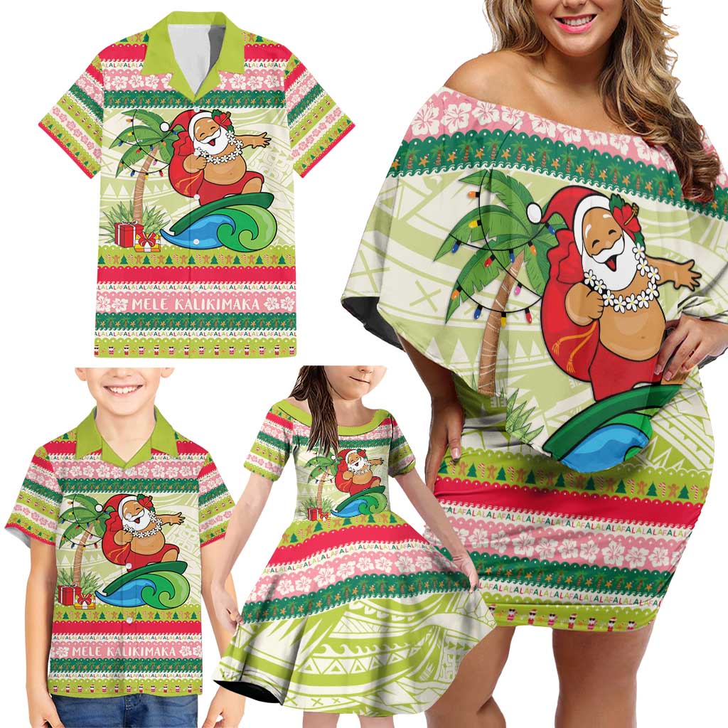 Mele Kalikimaka Hawaii Christmas Family Matching Off Shoulder Short Dress and Hawaiian Shirt Surfing Santa with Polynesian Tribal