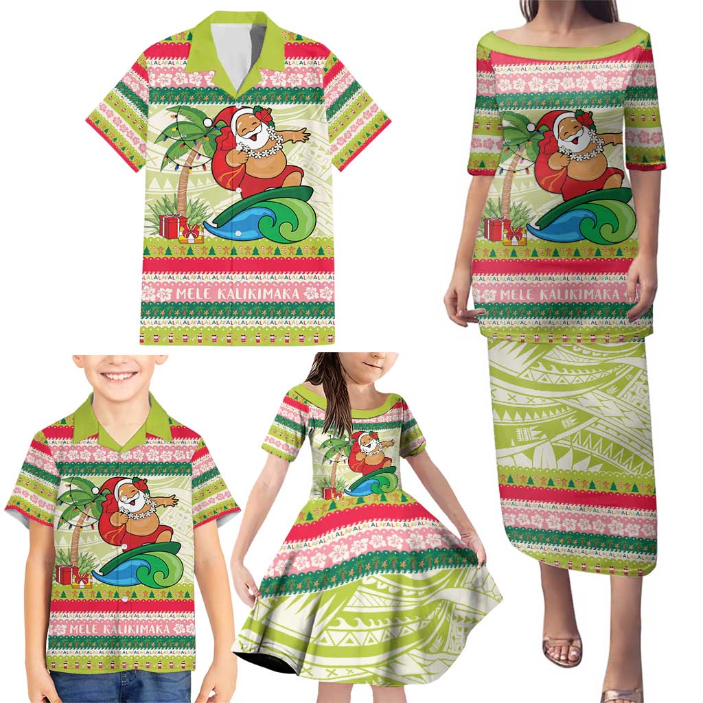 Mele Kalikimaka Hawaii Christmas Family Matching Puletasi and Hawaiian Shirt Surfing Santa with Polynesian Tribal