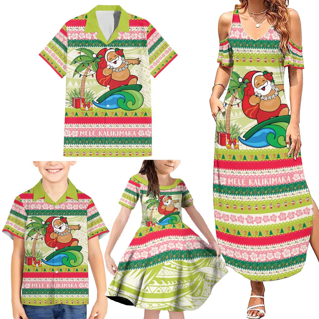 Mele Kalikimaka Hawaii Christmas Family Matching Summer Maxi Dress and Hawaiian Shirt Surfing Santa with Polynesian Tribal