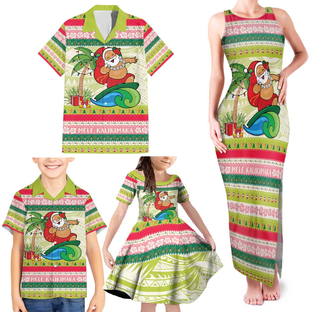 Mele Kalikimaka Hawaii Christmas Family Matching Tank Maxi Dress and Hawaiian Shirt Surfing Santa with Polynesian Tribal