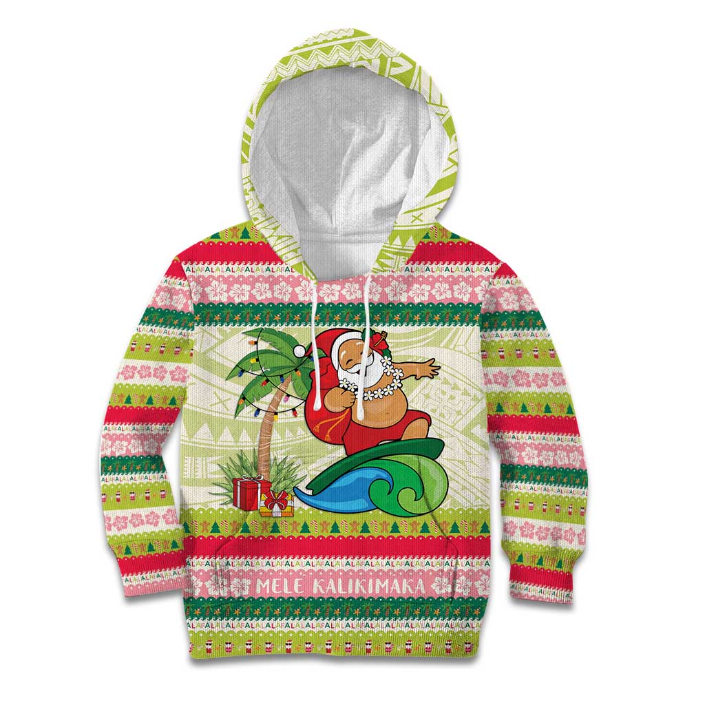 Mele Kalikimaka Hawaii Christmas Kid Hoodie Surfing Santa with Polynesian Tribal