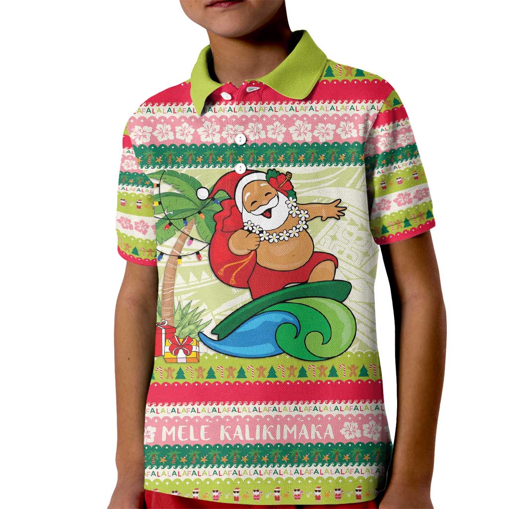 Mele Kalikimaka Hawaii Christmas Kid Polo Shirt Surfing Santa with Polynesian Tribal