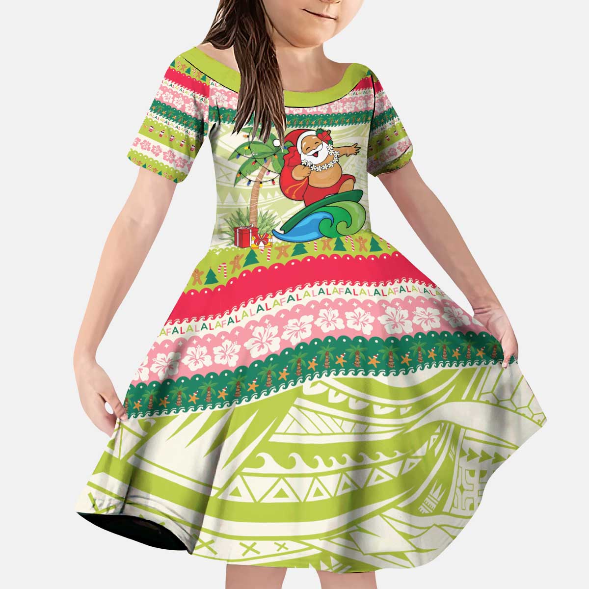 Mele Kalikimaka Hawaii Christmas Kid Short Sleeve Dress Surfing Santa with Polynesian Tribal