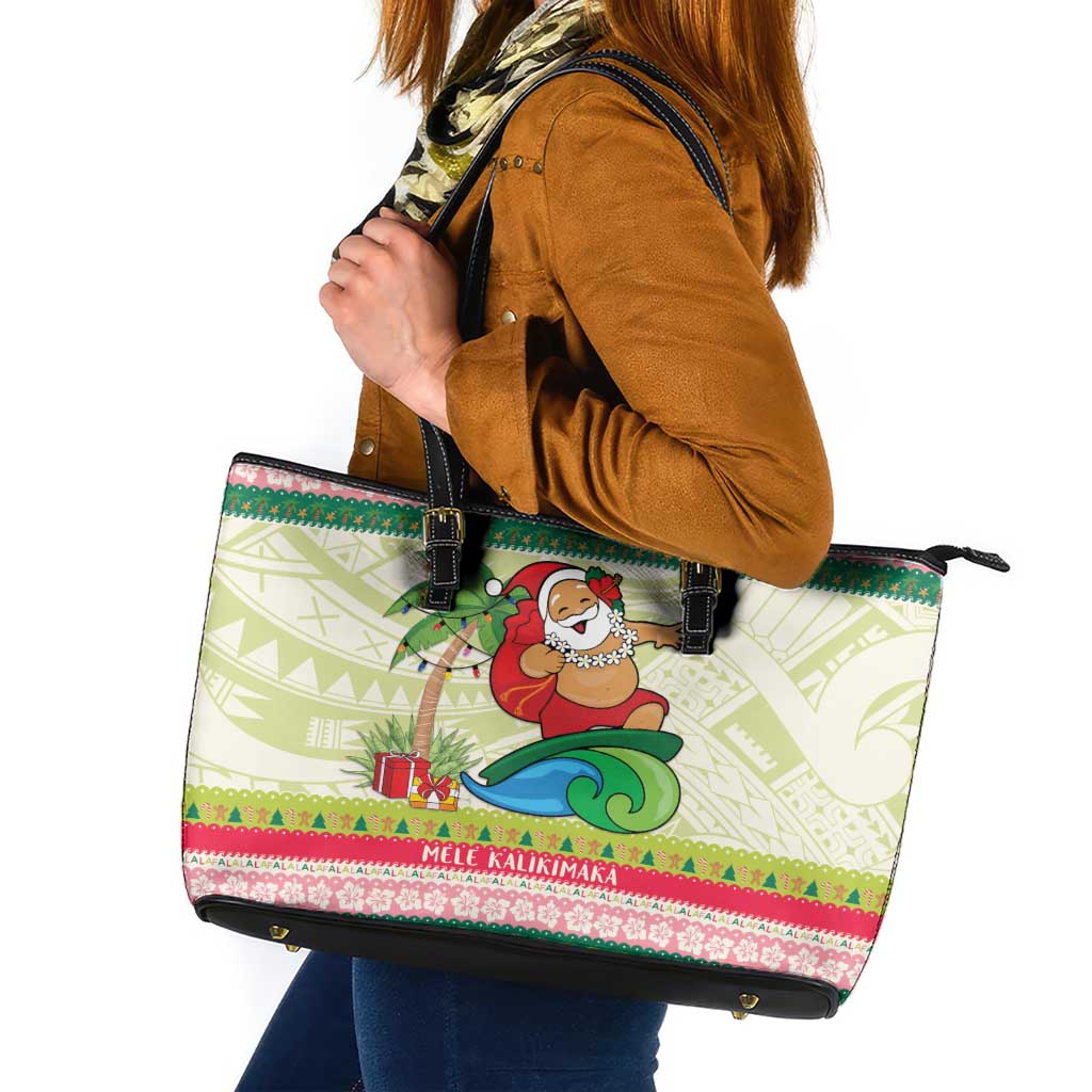 Mele Kalikimaka Hawaii Christmas Leather Tote Bag Surfing Santa with Polynesian Tribal