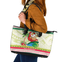 Mele Kalikimaka Hawaii Christmas Leather Tote Bag Surfing Santa with Polynesian Tribal LT9 Green - Polynesian Pride