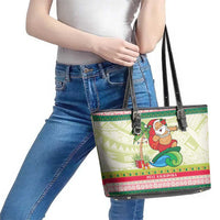 Mele Kalikimaka Hawaii Christmas Leather Tote Bag Surfing Santa with Polynesian Tribal LT9 - Polynesian Pride