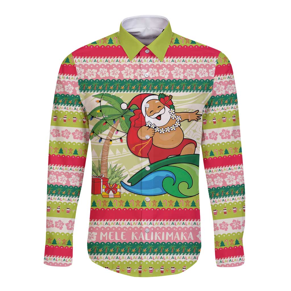 Mele Kalikimaka Hawaii Christmas Long Sleeve Button Shirt Surfing Santa with Polynesian Tribal LT9 Unisex Green - Polynesian Pride