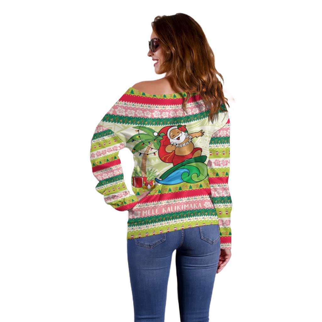 Mele Kalikimaka Hawaii Christmas Off Shoulder Sweater Surfing Santa with Polynesian Tribal