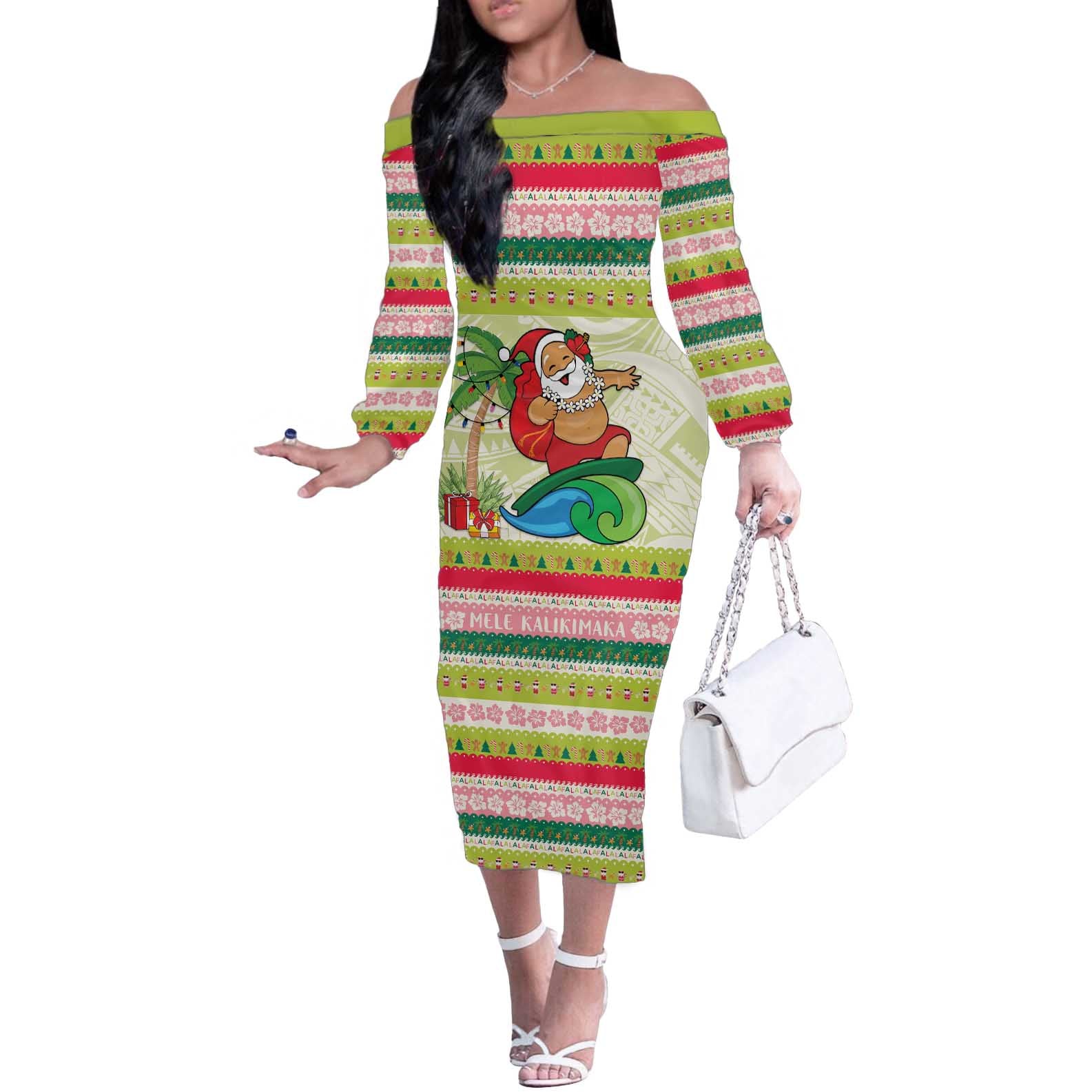 Mele Kalikimaka Hawaii Christmas Off The Shoulder Long Sleeve Dress Surfing Santa with Polynesian Tribal