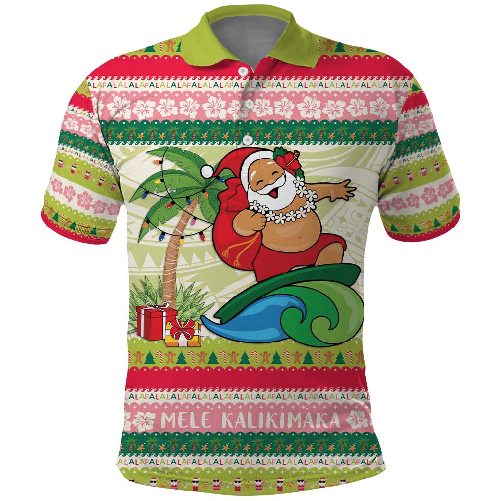 Mele Kalikimaka Hawaii Christmas Polo Shirt Surfing Santa with Polynesian Tribal