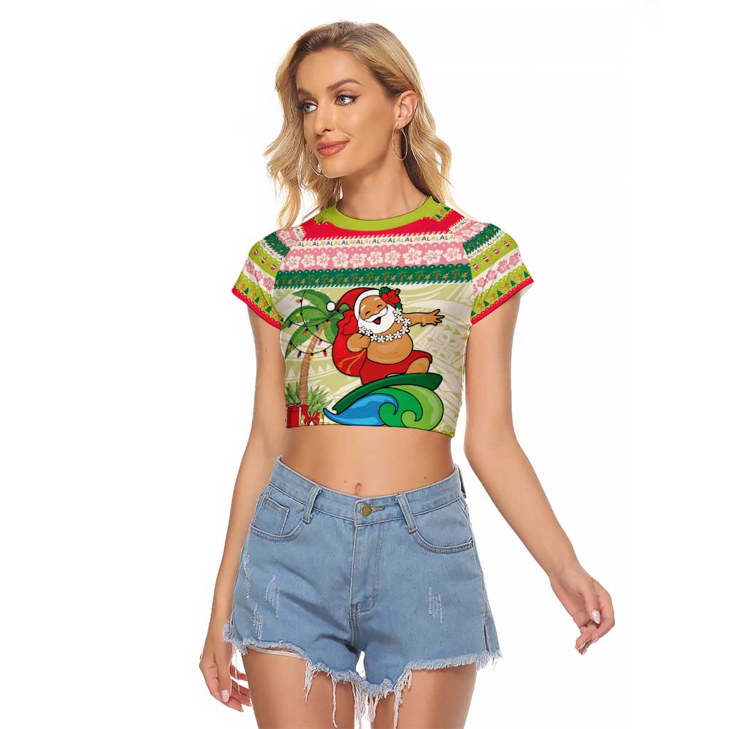 Mele Kalikimaka Hawaii Christmas Raglan Cropped T Shirt Surfing Santa with Polynesian Tribal