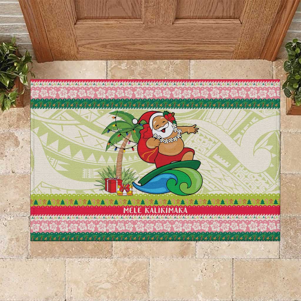 Mele Kalikimaka Hawaii Christmas Rubber Doormat Surfing Santa with Polynesian Tribal