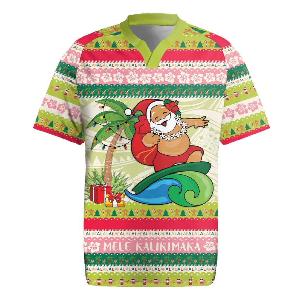 Mele Kalikimaka Hawaii Christmas Rugby Jersey Surfing Santa with Polynesian Tribal LT9 Green - Polynesian Pride