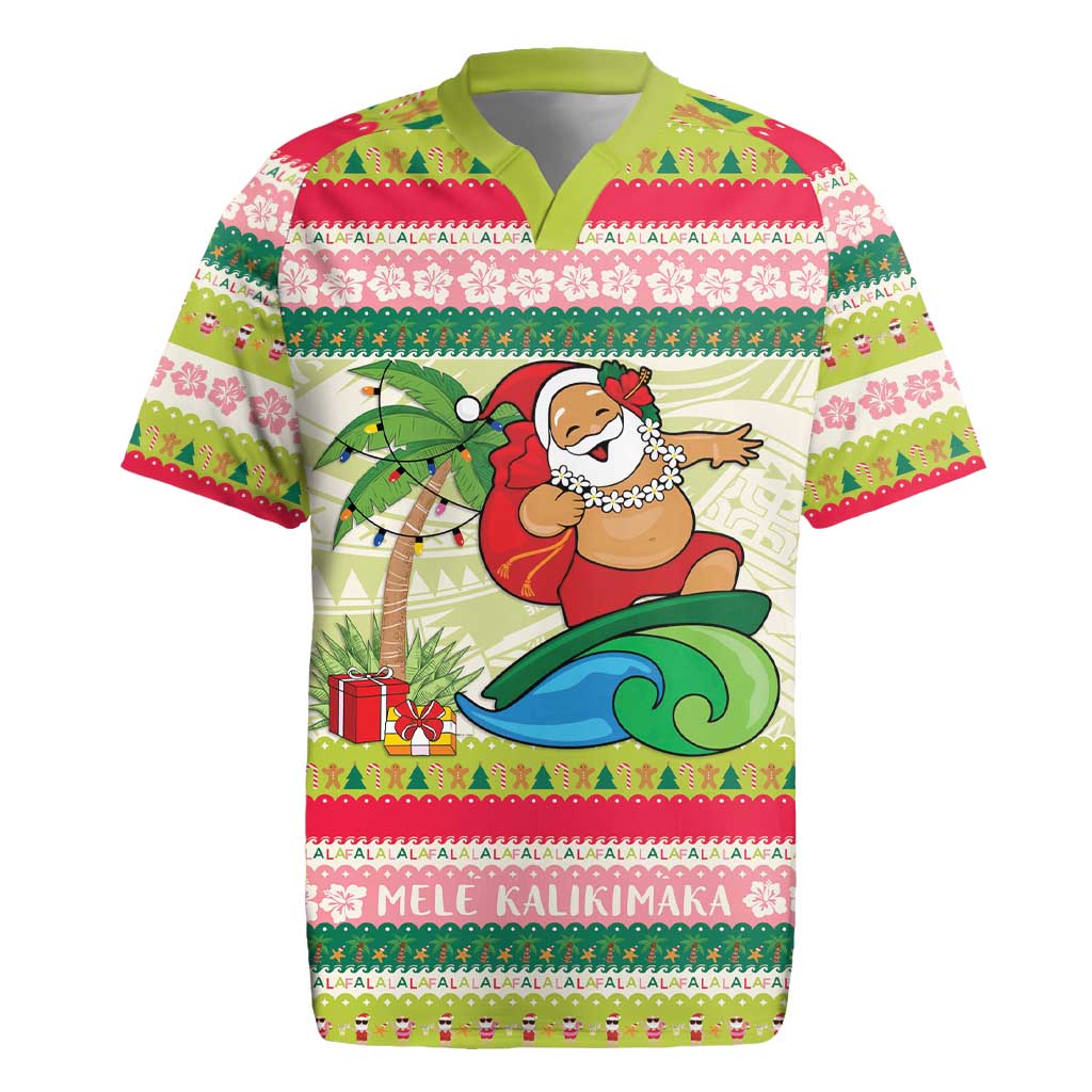 Mele Kalikimaka Hawaii Christmas Rugby Jersey Surfing Santa with Polynesian Tribal