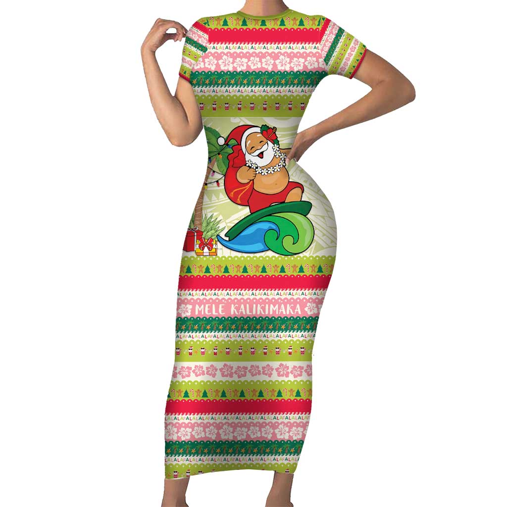 Mele Kalikimaka Hawaii Christmas Short Sleeve Bodycon Dress Surfing Santa with Polynesian Tribal