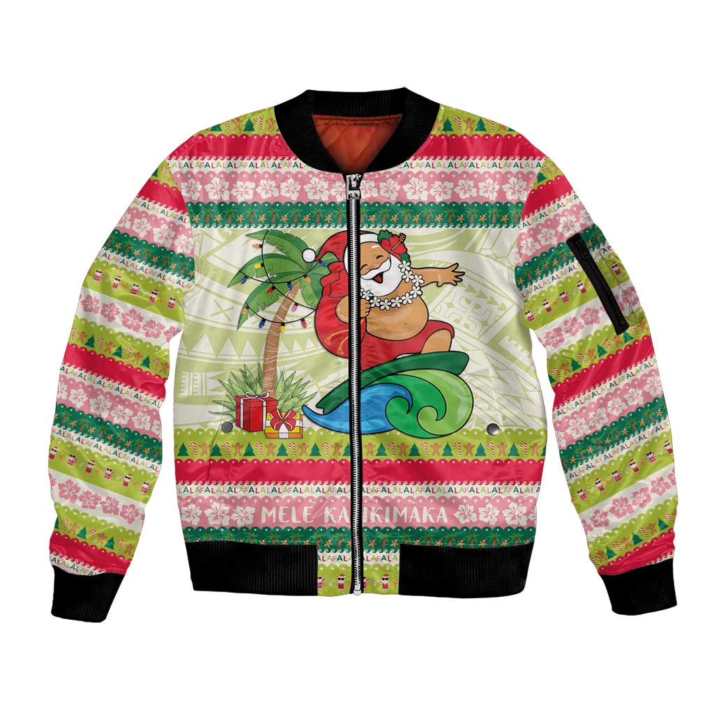 Mele Kalikimaka Hawaii Christmas Sleeve Zip Bomber Jacket Surfing Santa with Polynesian Tribal