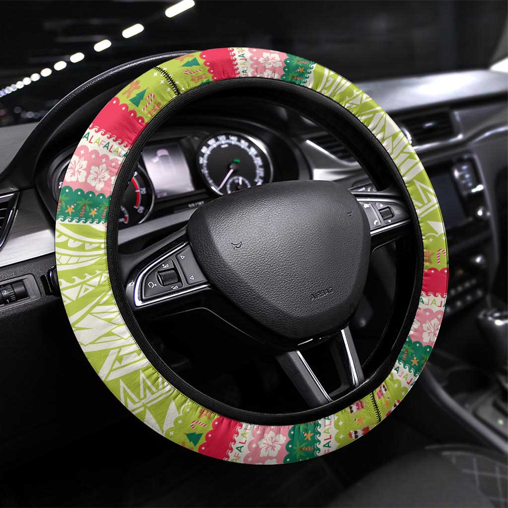 Mele Kalikimaka Hawaii Christmas Steering Wheel Cover Surfing Santa with Polynesian Tribal LT9 Universal Fit Green - Polynesian Pride