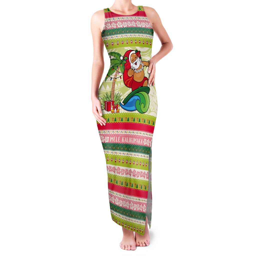 Mele Kalikimaka Hawaii Christmas Tank Maxi Dress Surfing Santa with Polynesian Tribal