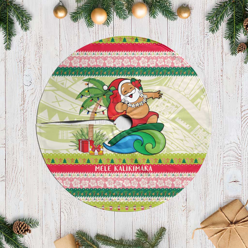 Mele Kalikimaka Hawaii Christmas Tree Skirt Surfing Santa with Polynesian Tribal