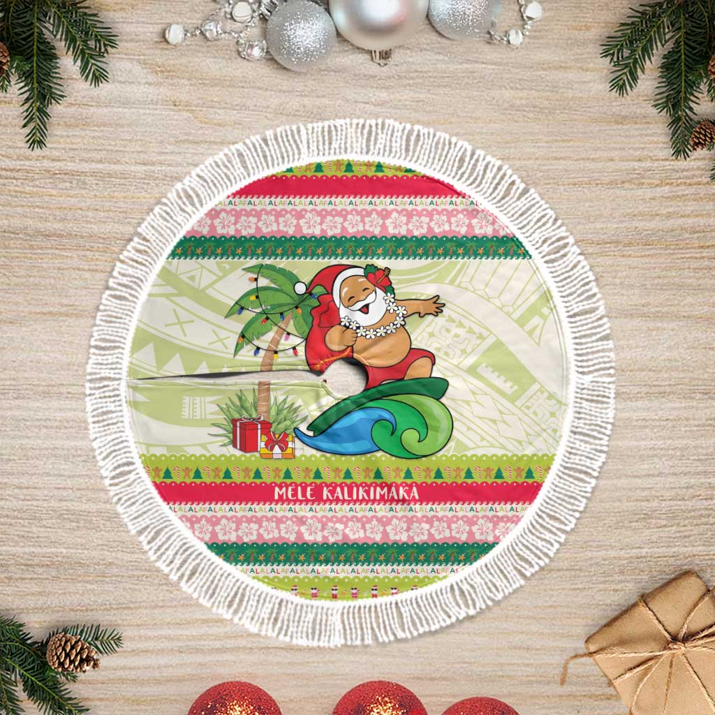 Mele Kalikimaka Hawaii Christmas Tree Skirt Surfing Santa with Polynesian Tribal