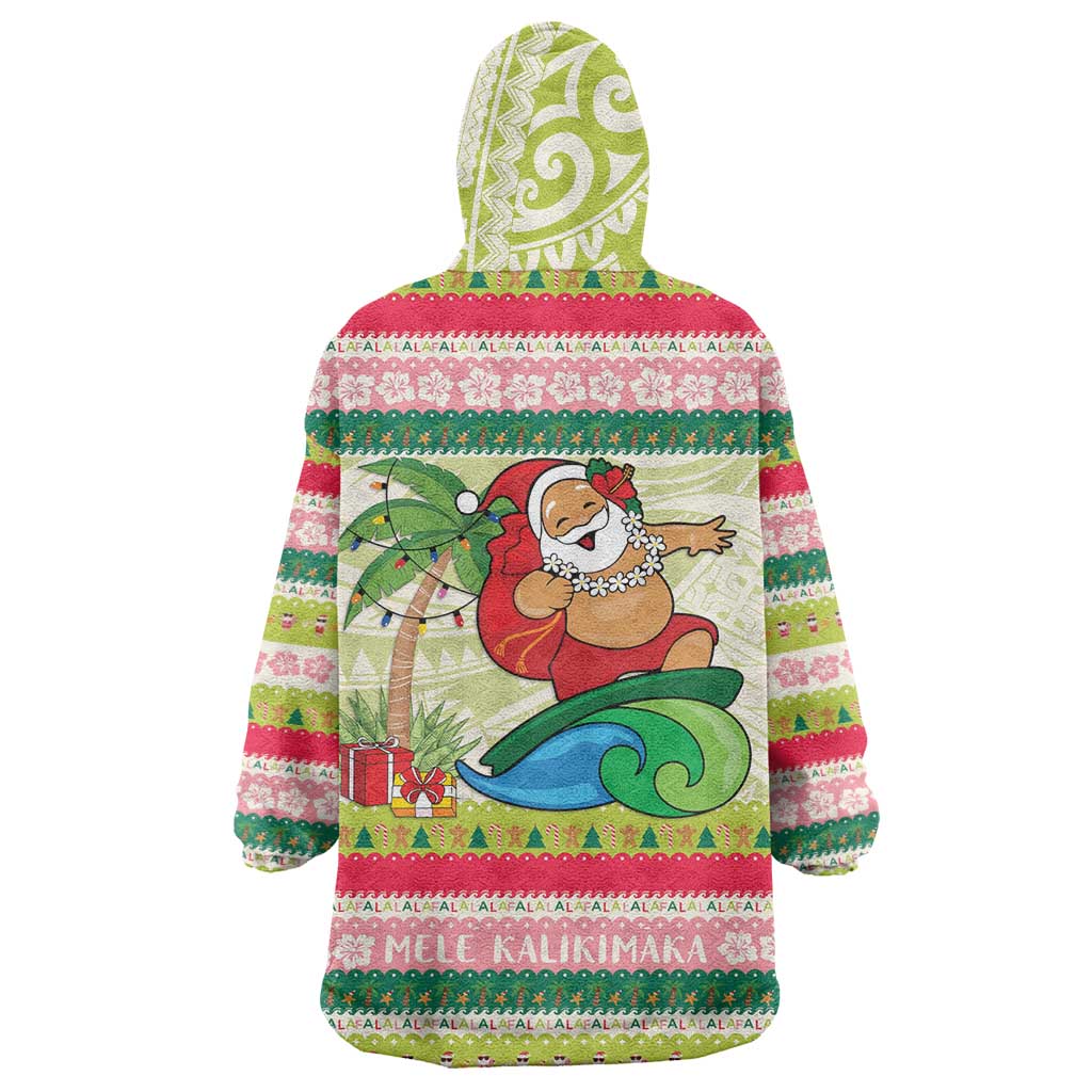 Mele Kalikimaka Hawaii Christmas Wearable Blanket Hoodie Surfing Santa with Polynesian Tribal