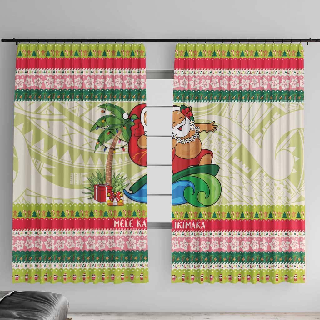 Mele Kalikimaka Hawaii Christmas Window Curtain Surfing Santa with Polynesian Tribal LT9 With Hooks Green - Polynesian Pride