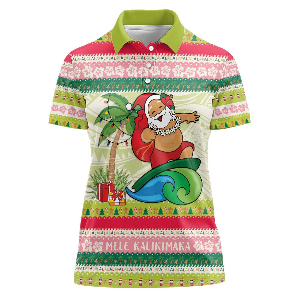 Mele Kalikimaka Hawaii Christmas Women Polo Shirt Surfing Santa with Polynesian Tribal