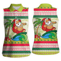 Mele Kalikimaka Hawaii Christmas Women Sleeveless Polo Shirt Surfing Santa with Polynesian Tribal