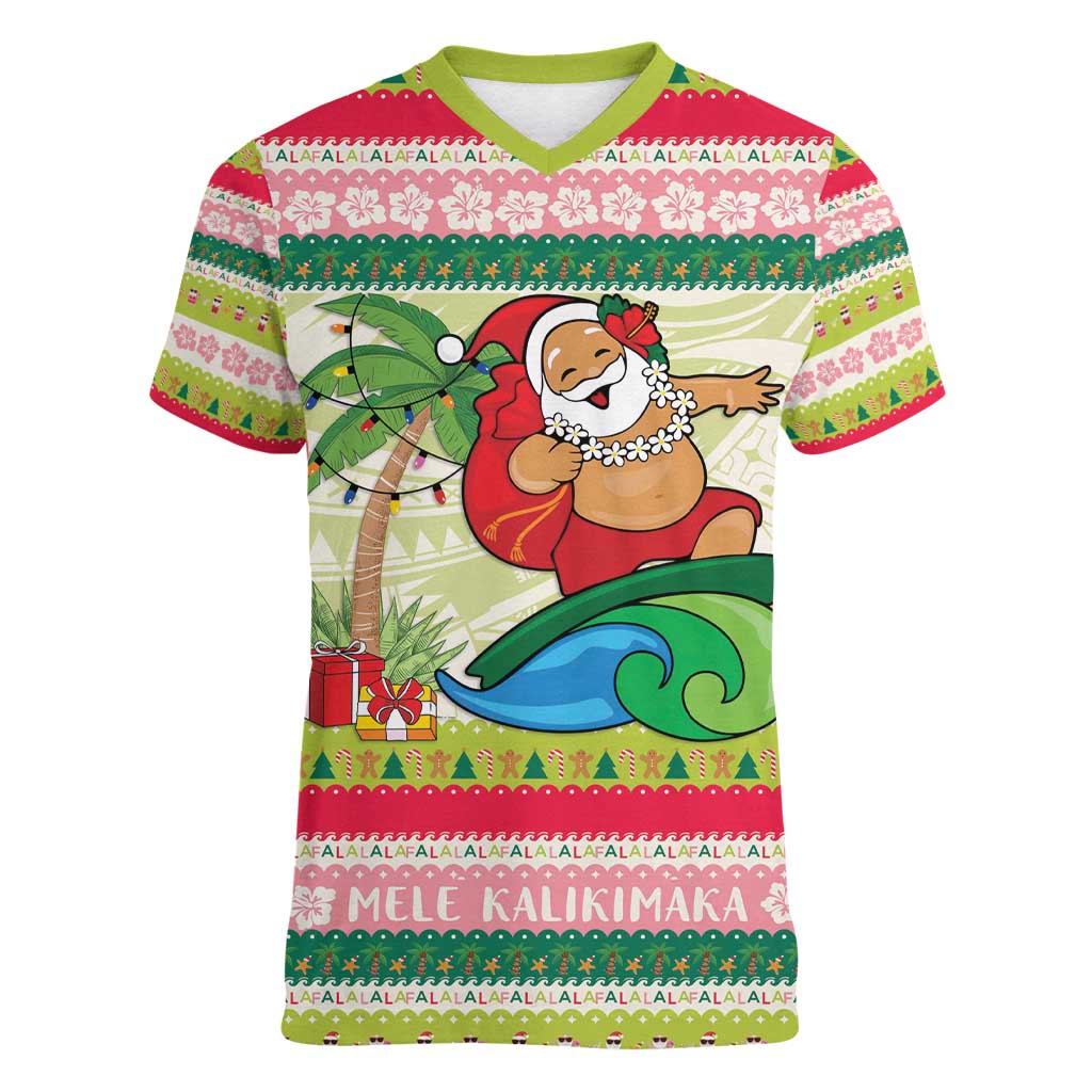 Mele Kalikimaka Hawaii Christmas Women V-Neck T-Shirt Surfing Santa with Polynesian Tribal