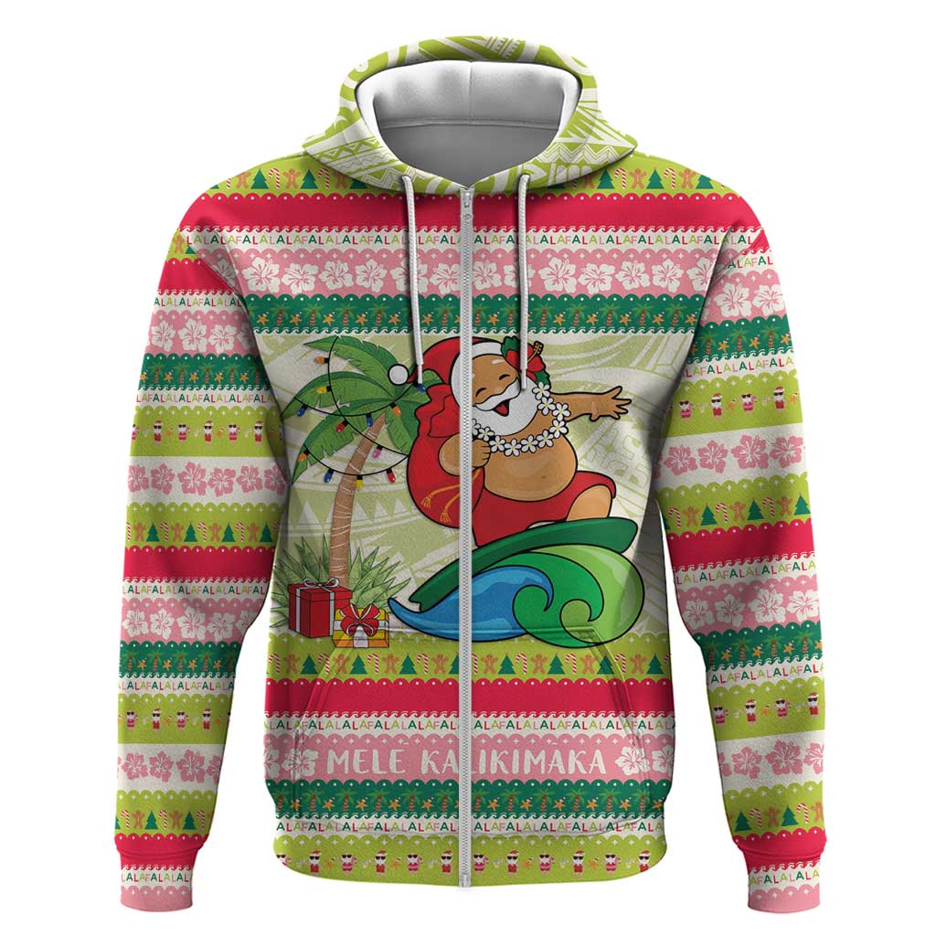 Mele Kalikimaka Hawaii Christmas Zip Hoodie Surfing Santa with Polynesian Tribal