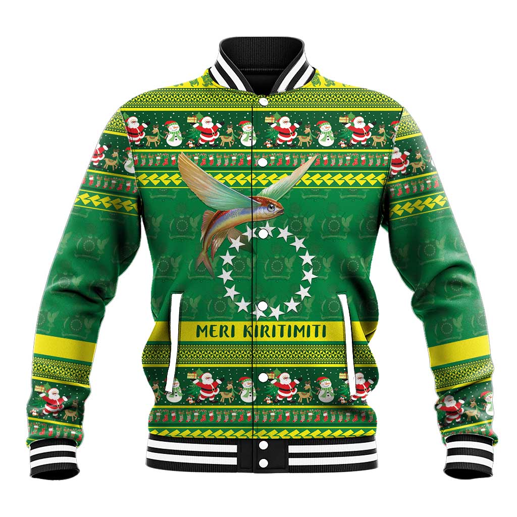 Meri Kiritimiti Cook Islands Christmas Baseball Jacket Maroro Flying Fish and White Stars LT9 Unisex Green - Polynesian Pride