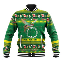 Meri Kiritimiti Cook Islands Christmas Baseball Jacket Maroro Flying Fish and White Stars LT9 Unisex Green - Polynesian Pride