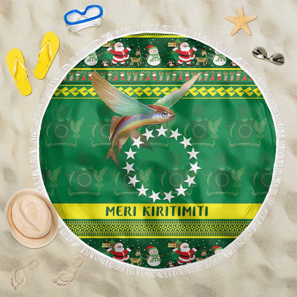 Meri Kiritimiti Cook Islands Christmas Beach Blanket Maroro Flying Fish and White Stars LT9 One Size 150cm Green - Polynesian Pride