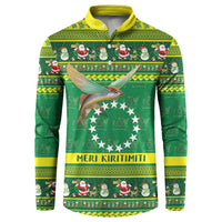 Meri Kiritimiti Cook Islands Christmas Button Sweatshirt Maroro Flying Fish and White Stars LT9 Green - Polynesian Pride