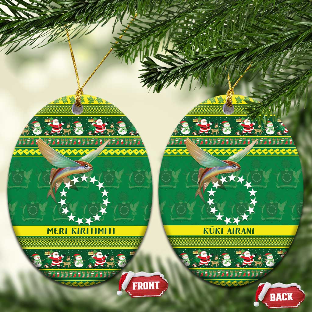 Meri Kiritimiti Cook Islands Christmas Ceramic Ornament Maroro Flying Fish and White Stars LT9 Oval Green - Polynesian Pride